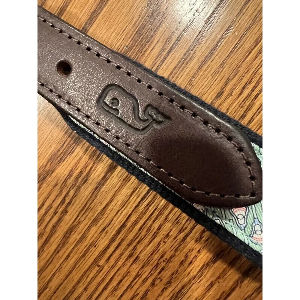 VINEYARD VINES Lacrosse Belt Sz 30 Leather & Canvas Navy Blue Green Ribbon